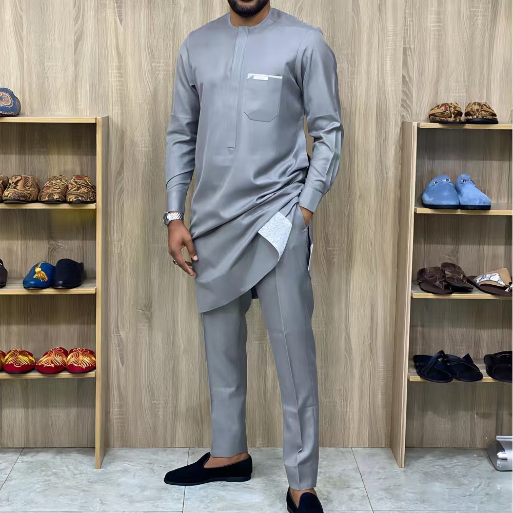 Ensemble Décontracté d'Été pour Homme Style Africain Dashiki avec Chemise à Imprimé Rayé Uni et Pantalon en Maille